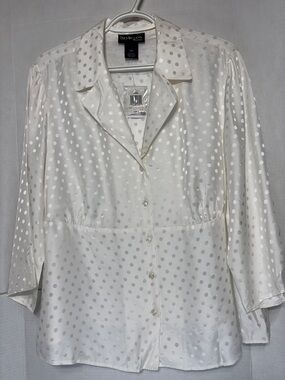 Style & Co. Women’s White 100% Silk Polka-Dot Button-Front Blouse Old Money